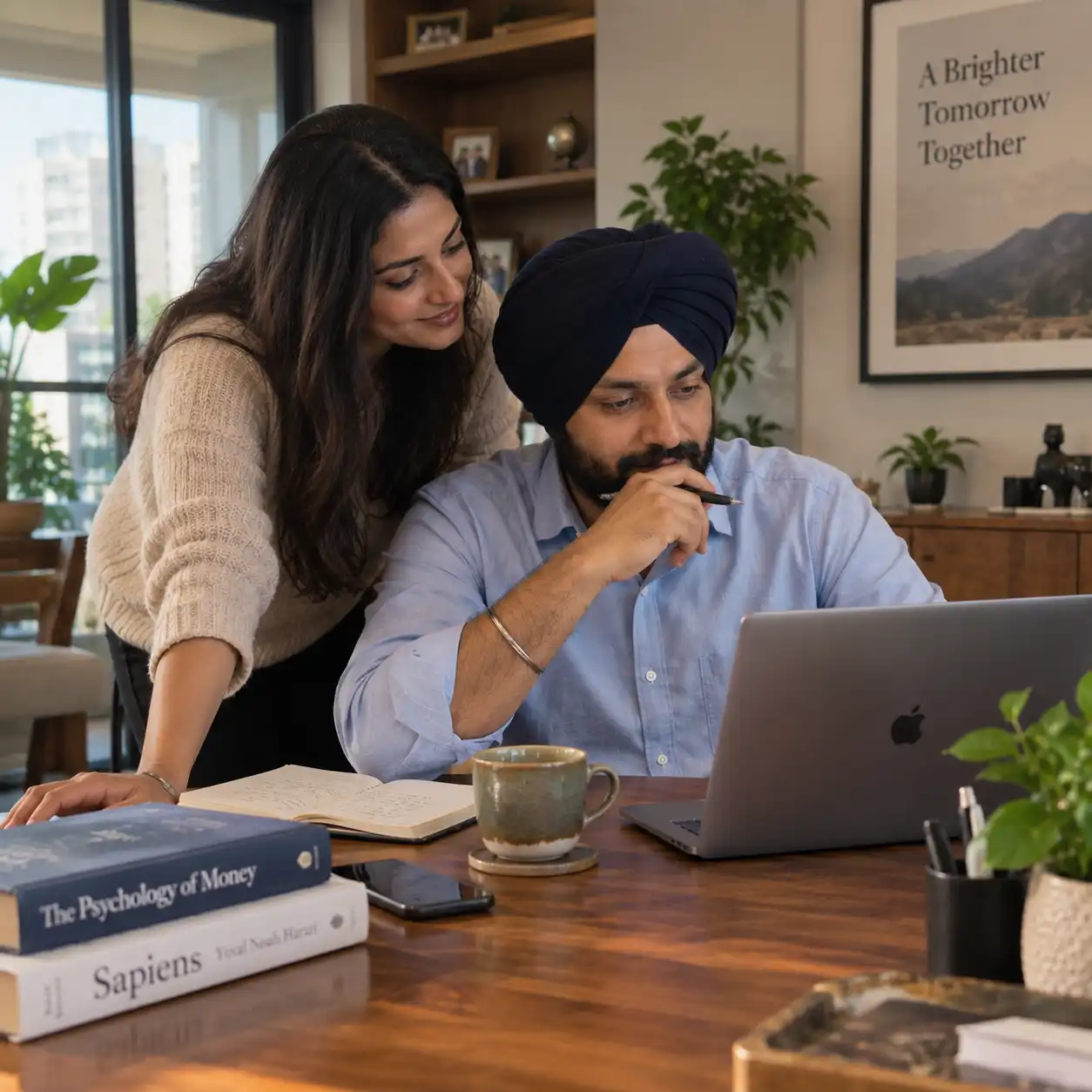 A couple reviewing their finances together at home