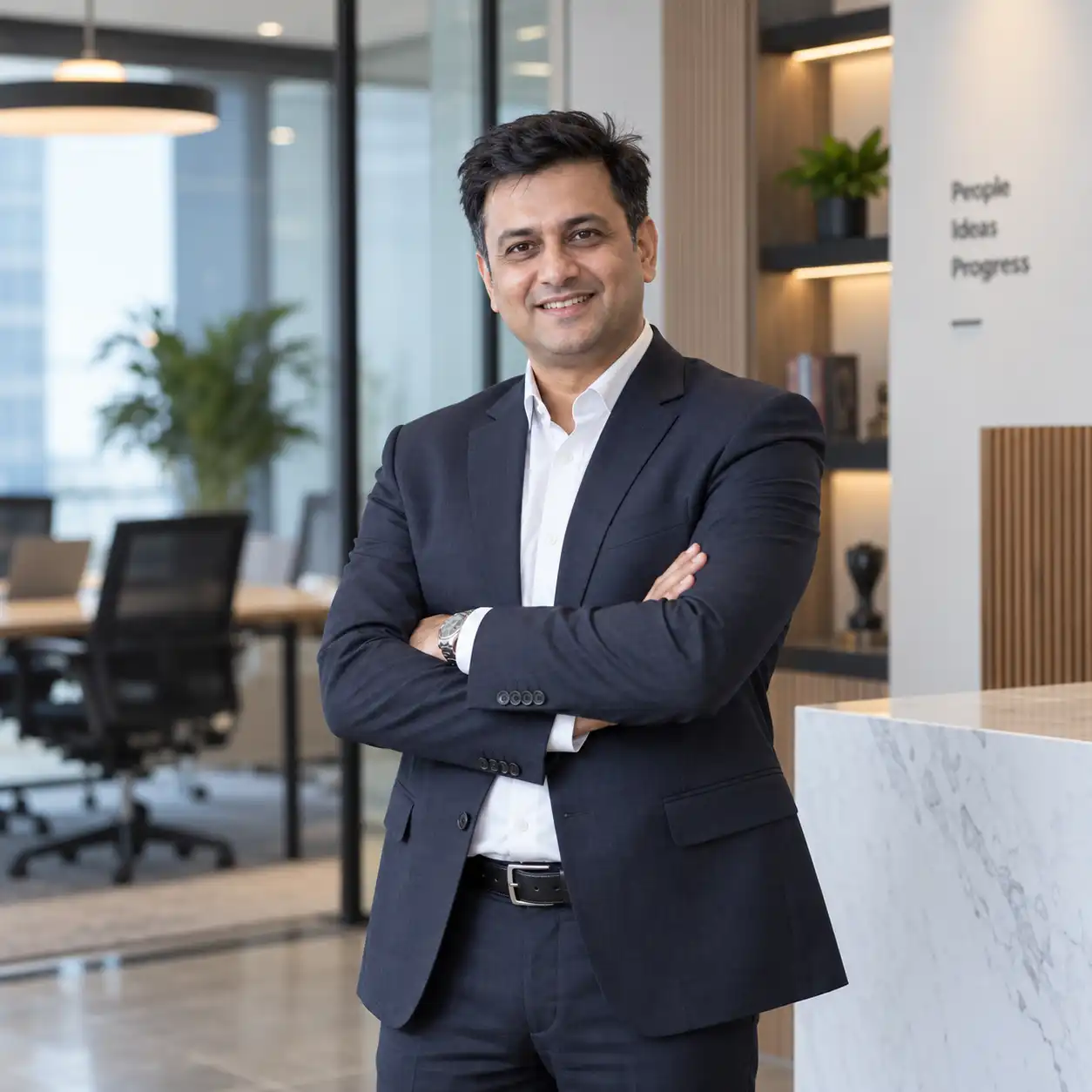 A business founder in a suit, arms folded, in his office