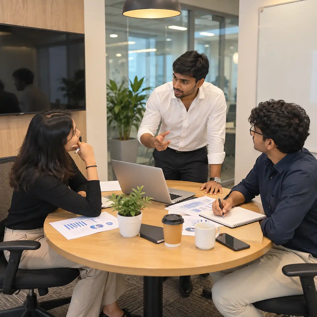 Three young professionals talking through plans around a table