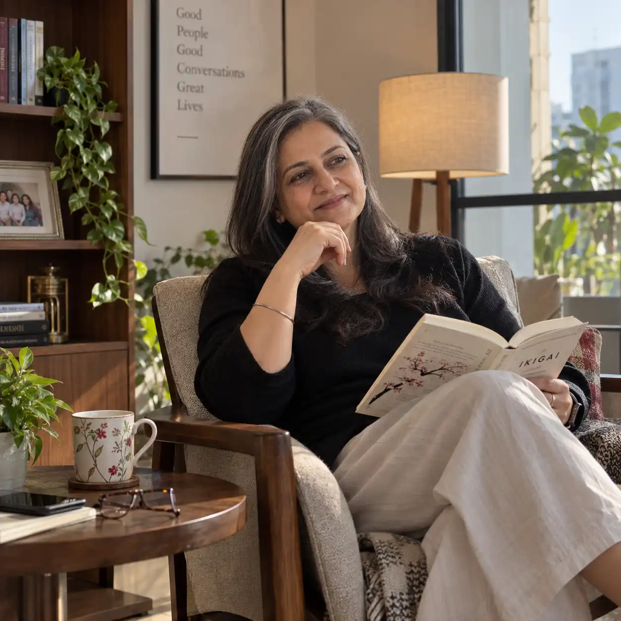 A woman smiling as she reads a book in an armchair at home