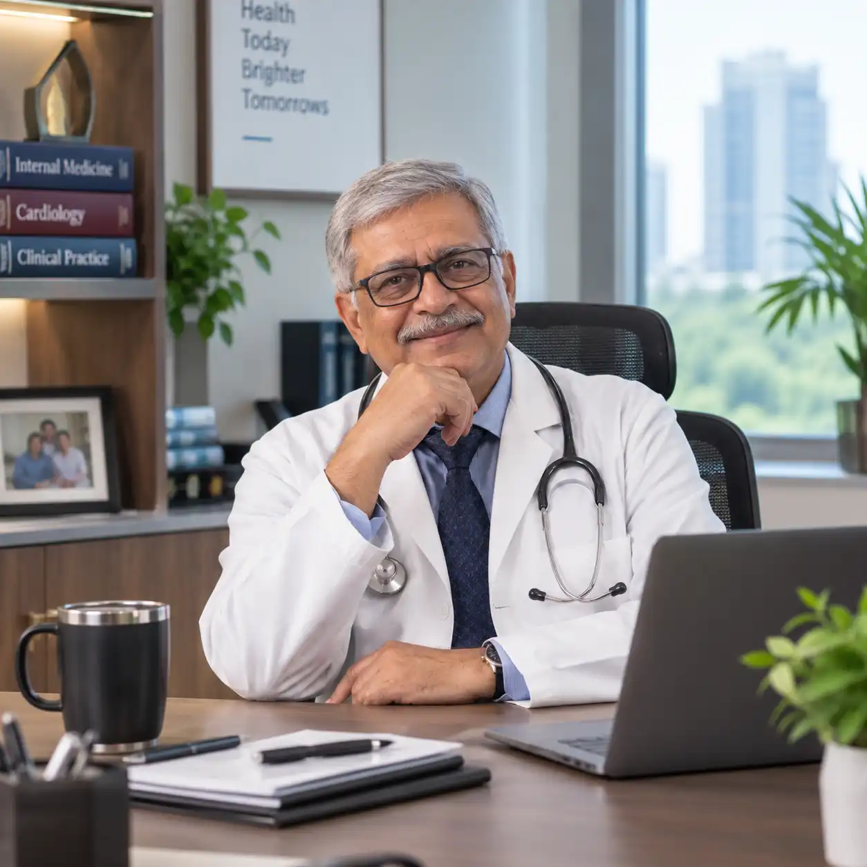 A doctor in a white coat at his desk